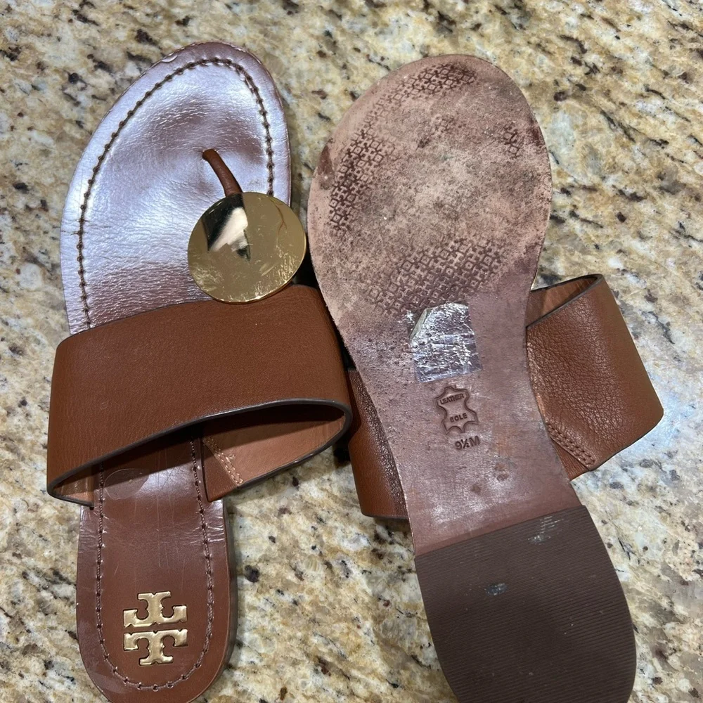 Tory Burch Patos Disk Brown Leather Flat Sandals 9.5